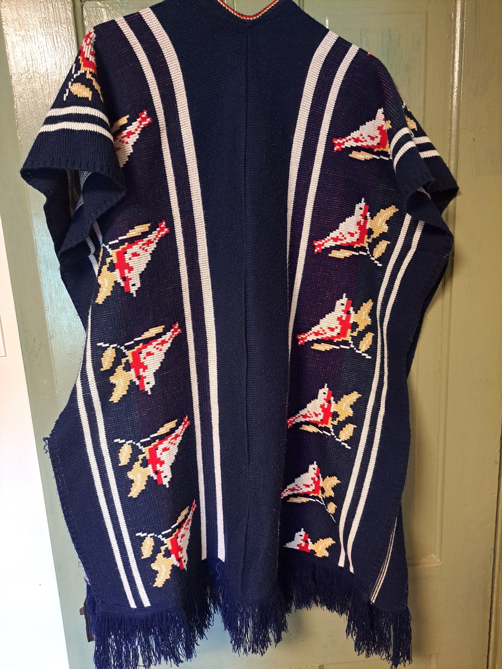 1970s Navy Bird Stripe Women's Sweater Poncho - Picture 2 of 5